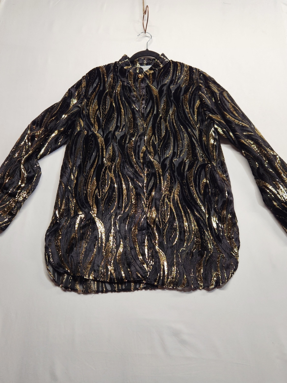 ⭐️Three Flaggs Vintage 80s Whimsigoth Black Gold Velvet Burnout Metallic Blouse